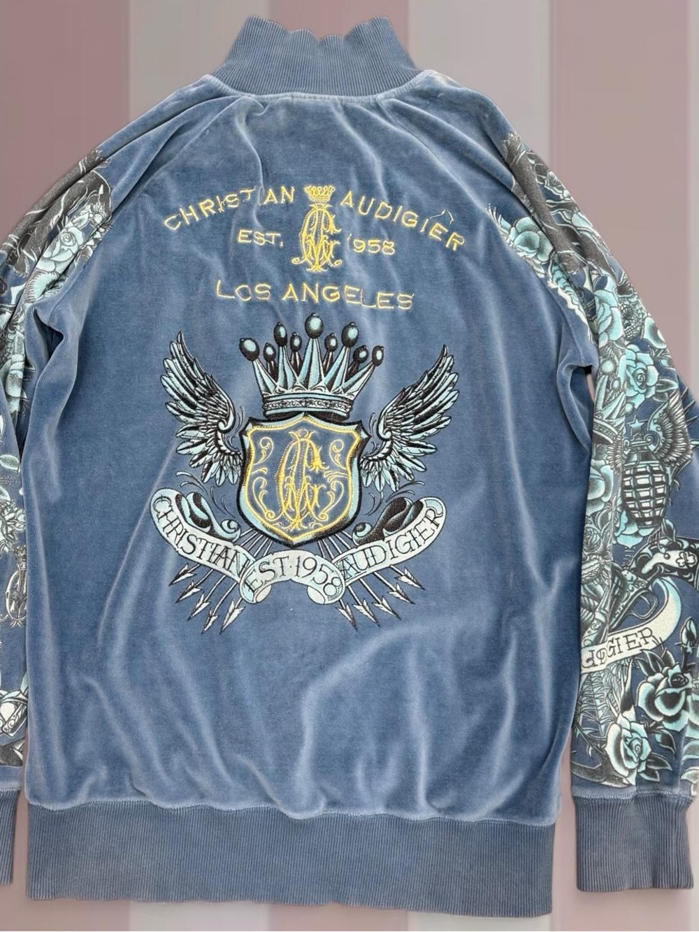 Christian Audigier GRAIL Vintage Y2K velour Blue Zip Sweatshirt